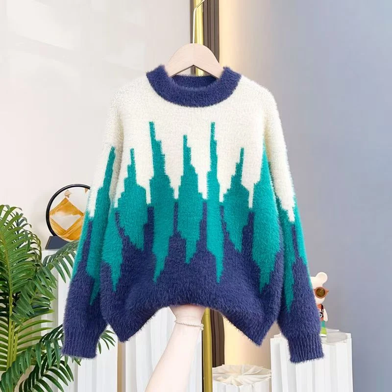 圆领卡通风毛衣针织衫洋气冬季套头加绒宝宝秋冬款加厚大童