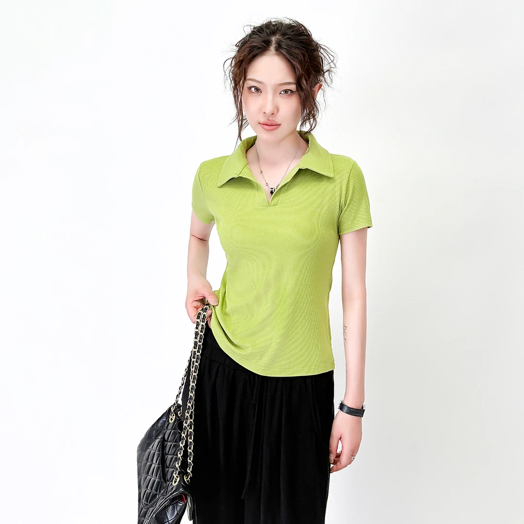夏季正肩polo领短袖t恤女修身显瘦小个子时尚减龄遮肚子翻领上衣