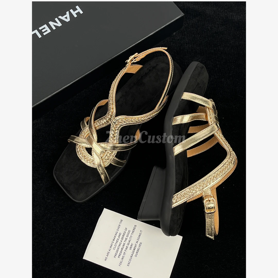 Lucky-冷雨夜-4CM·盛夏简约休闲通勤编织交叉暴走一字带高跟凉鞋