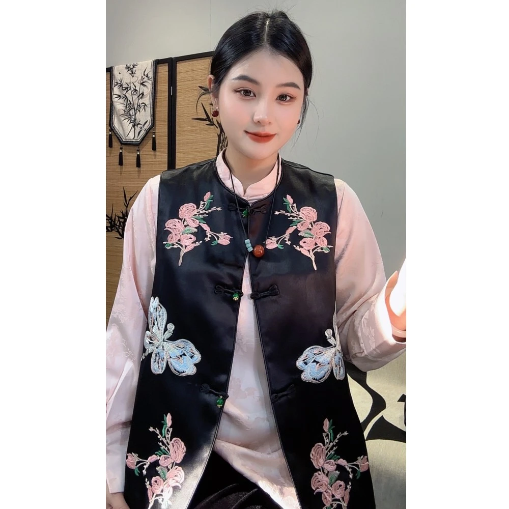 来福~【花思蝶】~ 重磅提花刺绣 新中式女装马甲无袖外套粉色马夹