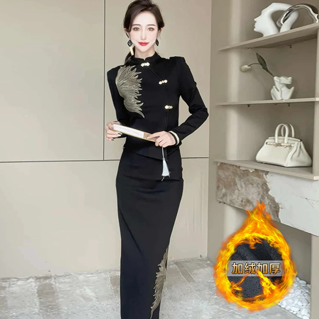 新中式国风女装秋冬高级感原创设计感收腰显瘦黑色两件套3253