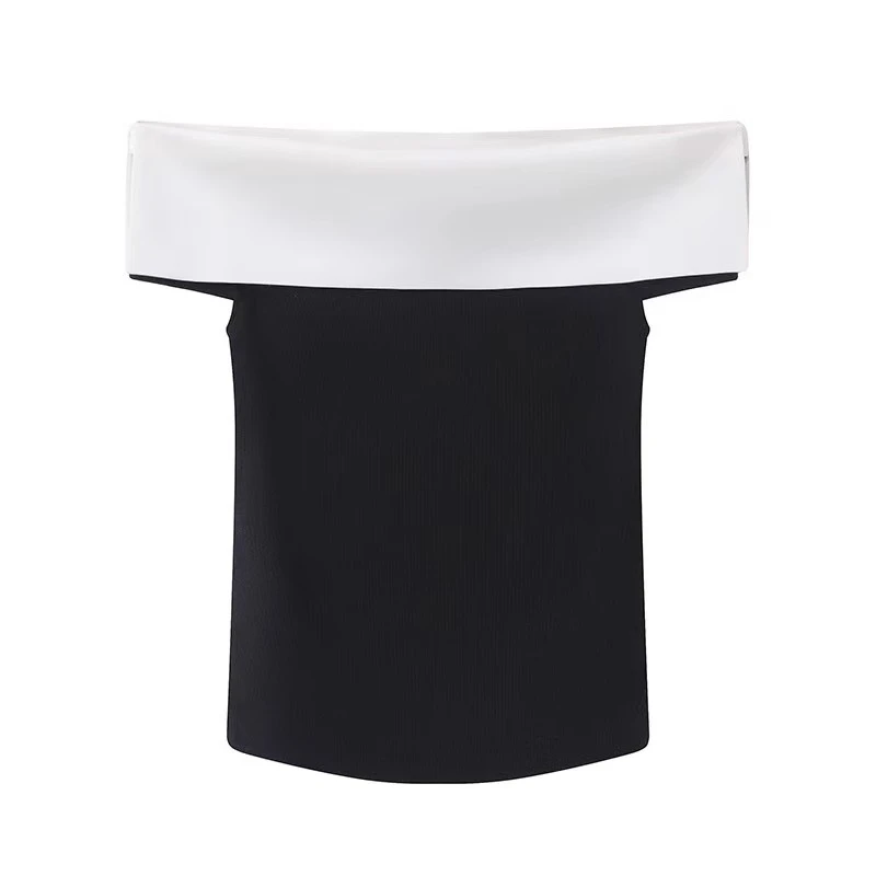 # 针织衫-50428104时尚气质一字肩拼接针织衫修身上衣女