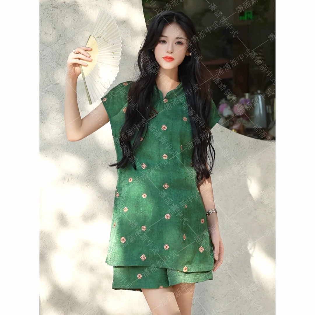 日暮晚 修身型宽松型夏季衬衫少女中式绿色富婆风国风复古风套装