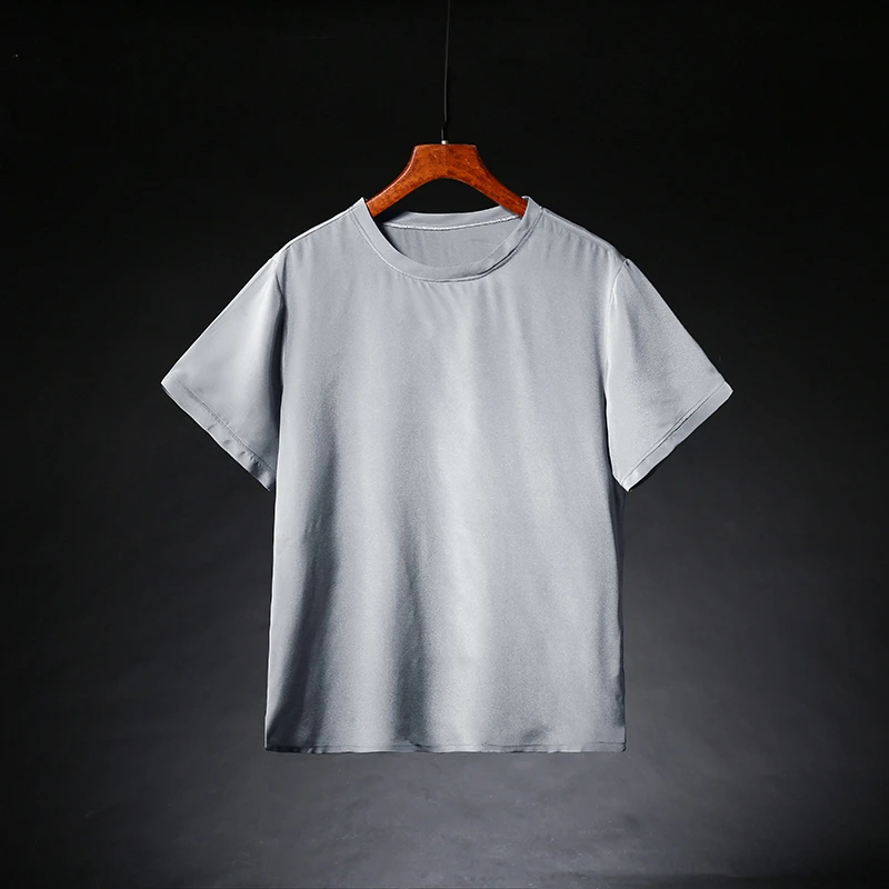2025夏季新款简约圆领短袖T恤男高端真丝桑蚕丝男装上衣薄款百搭