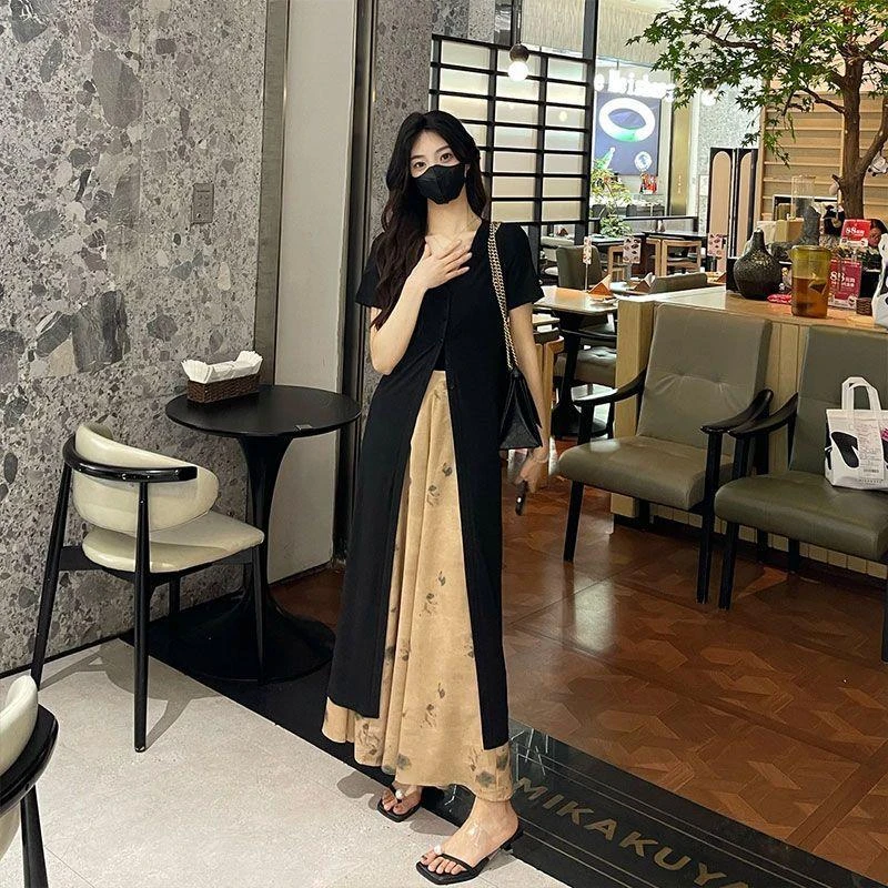 2025夏装搭配一整套黑色连衣裙水墨阔腿裤两件套盐系轻熟时尚套装