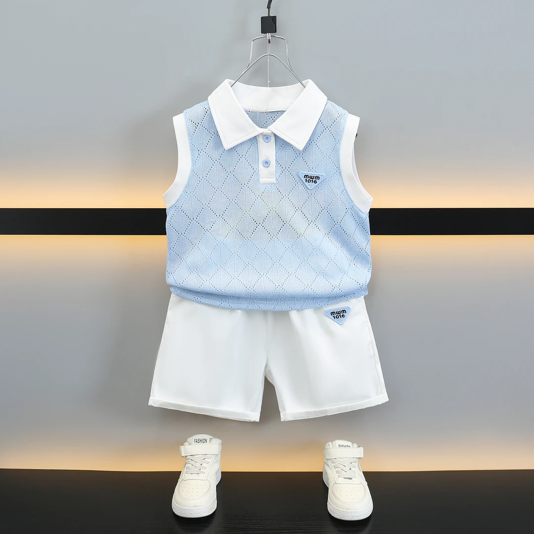 男童夏装2025新款洋气儿童polo无袖两件套痞帅小男孩薄款背心套装