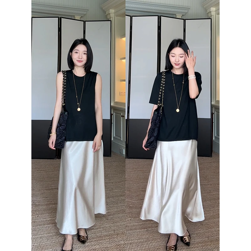 郭九九呢 羊毛气质显瘦a字背心上衣高腰缎面半身裙 G925A07396