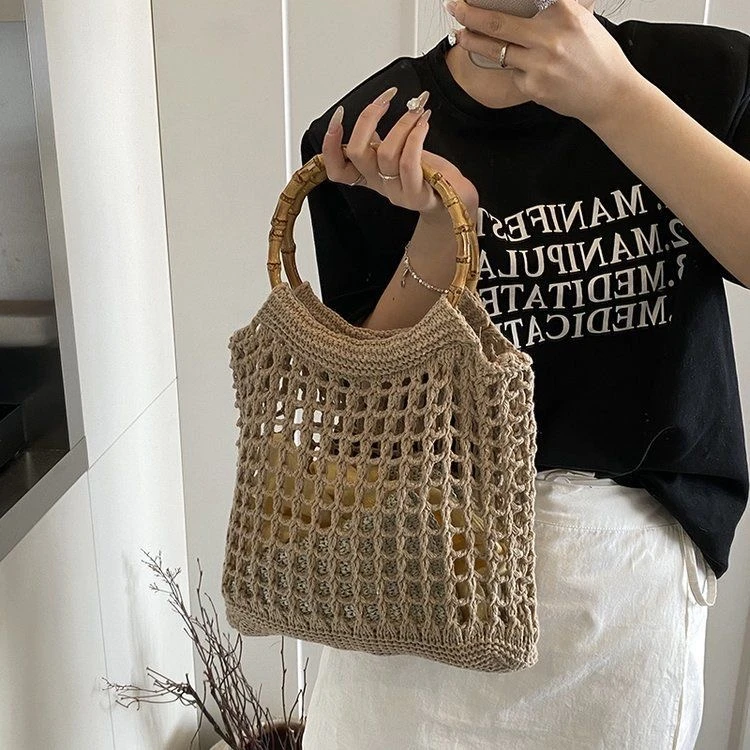 方形拉链暗袋抽带斜挎包度假风包时尚镂空肩包百搭