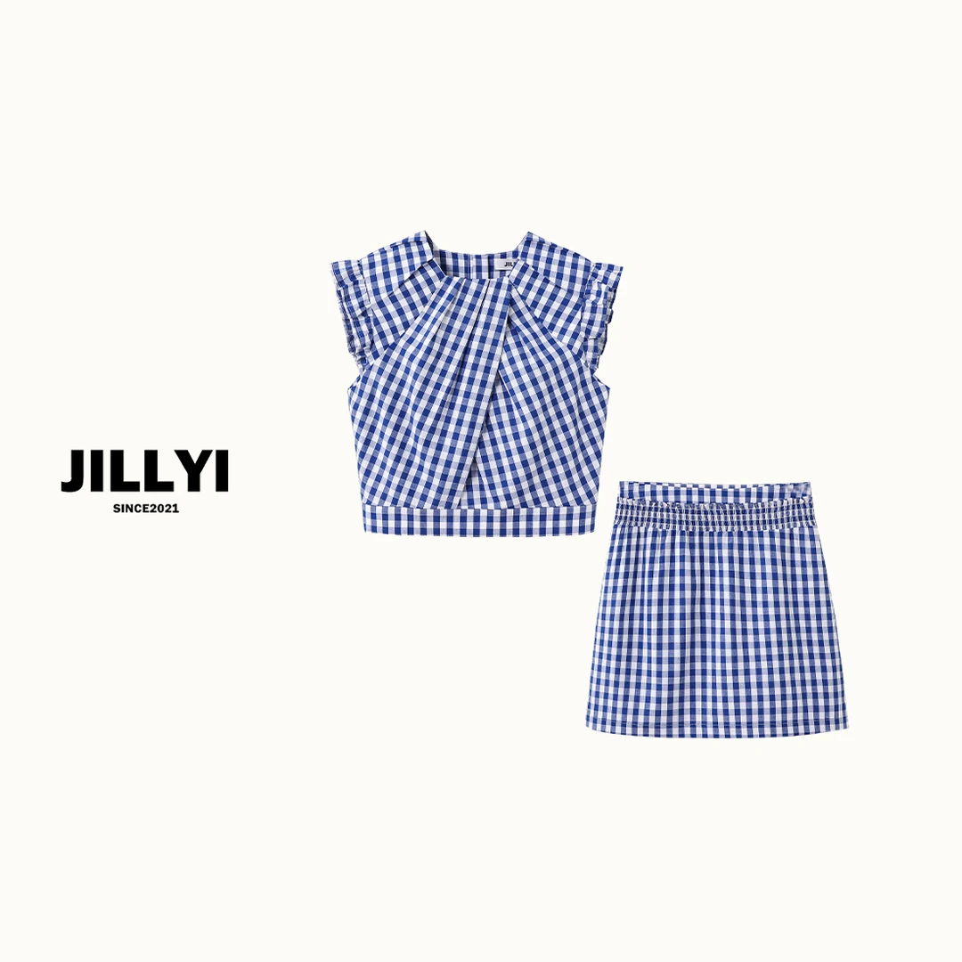 JILLYI珠海店【淡蓝之梦】蓝格子夏季INS风衬衫韩版格纹半裙时尚气