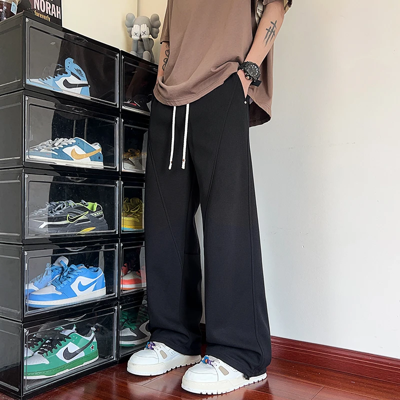 秋冬华夫格拼接潮流休闲裤男大码直筒阔腿裤