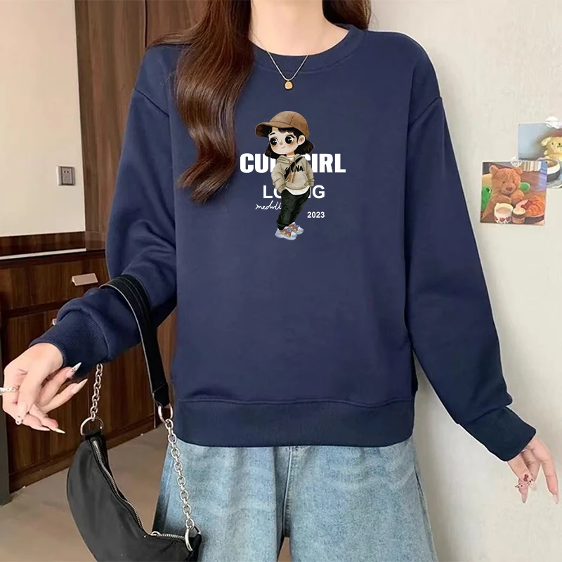 秋冬新款圆领长袖加绒设计感卫衣洋气减龄宽松大码上衣小个子外套