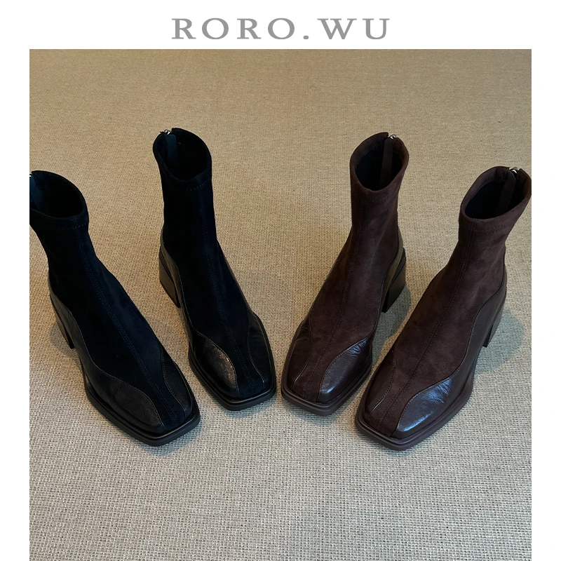 娆娆吴·羊皮英伦风复古真皮绒粗跟方头袜靴瘦瘦靴简约短靴女X470