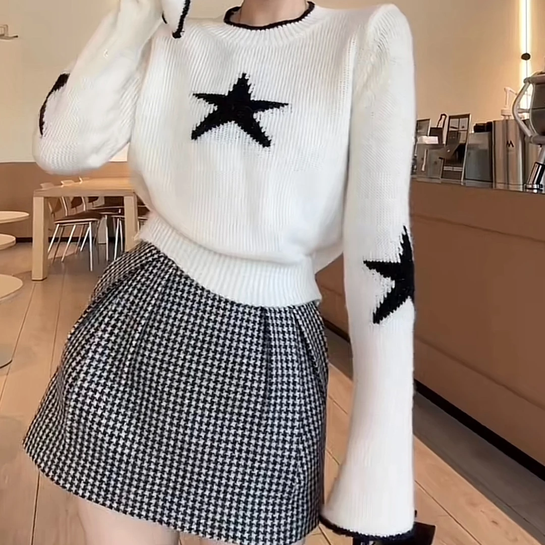 韩系ins休闲慵懒风百搭星星印花针织衫女2025秋季时尚修身显瘦毛