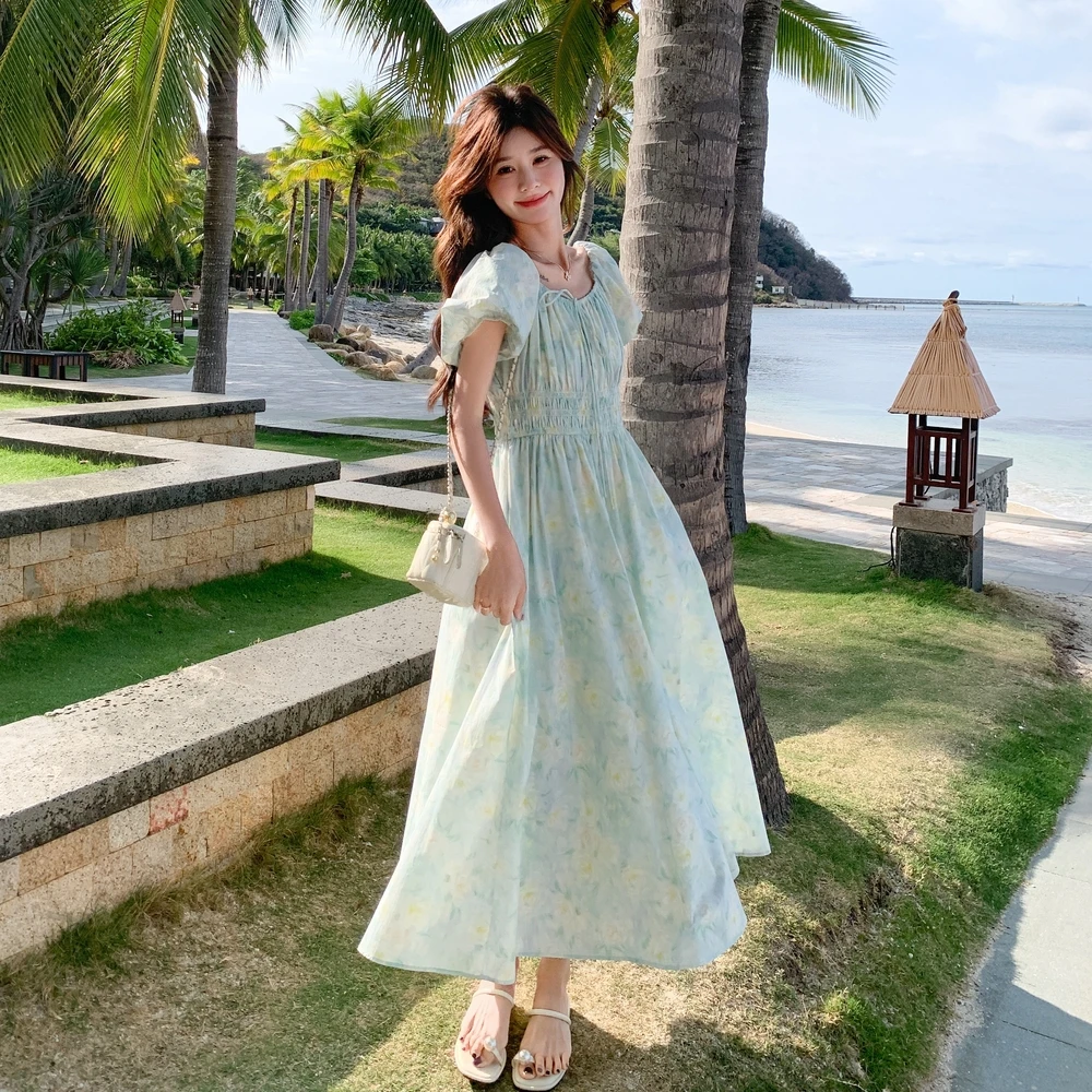 韩版一字领清新甜美碎花连衣裙女2025夏季新款收腰显瘦中长款长裙