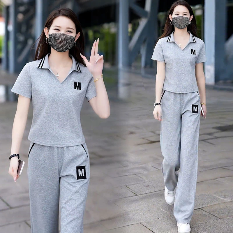 高含棉简约运动套装女2025夏季新款时尚减龄短袖长裤跑步服两件套