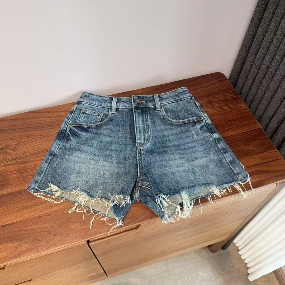 百搭毛边深色弹力热裤 夏季设计感毛边显瘦牛仔短裤