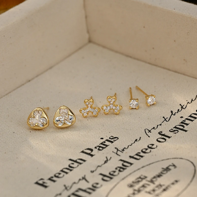 铜合金锆石耳饰 百搭一卡三对耳钉精致清新耳饰微镶锆石饰品