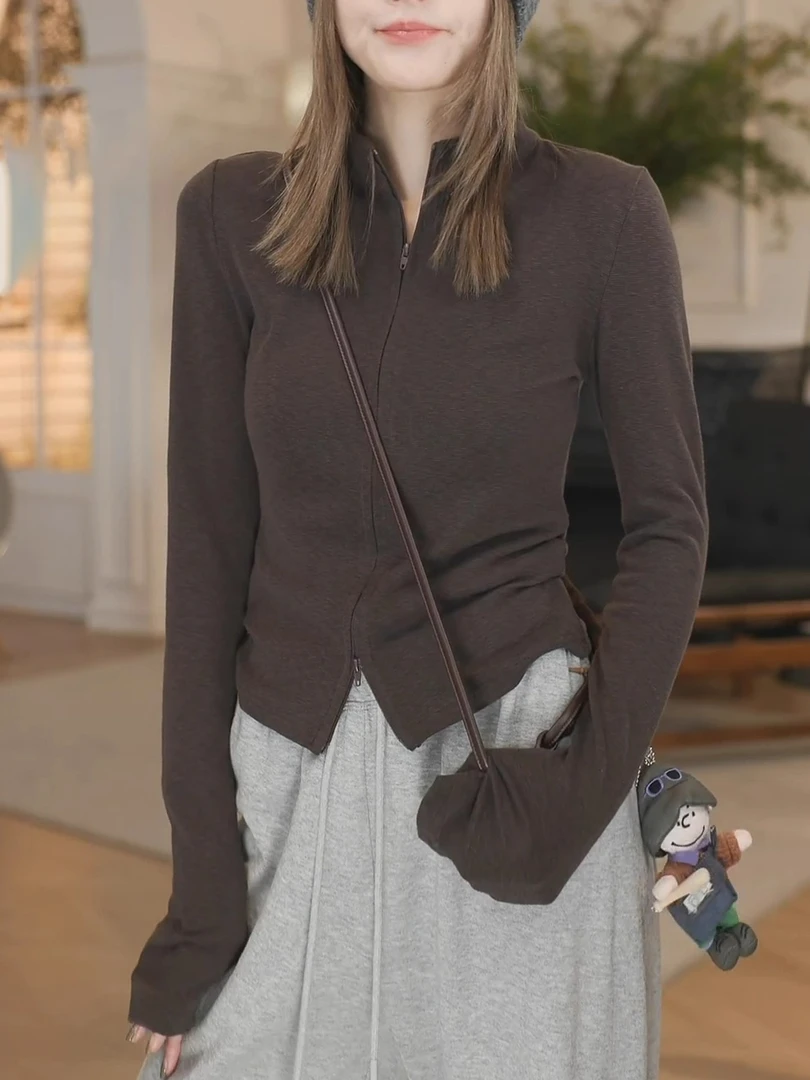 咖色双拉链长袖t恤女秋冬立领打底衫2025年新款美式修身显瘦上衣