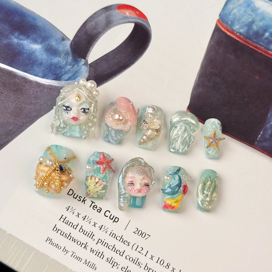 【蔚蓝星空】爆款百搭法式飘带钻网指甲纯手工穿戴甲片时尚显白