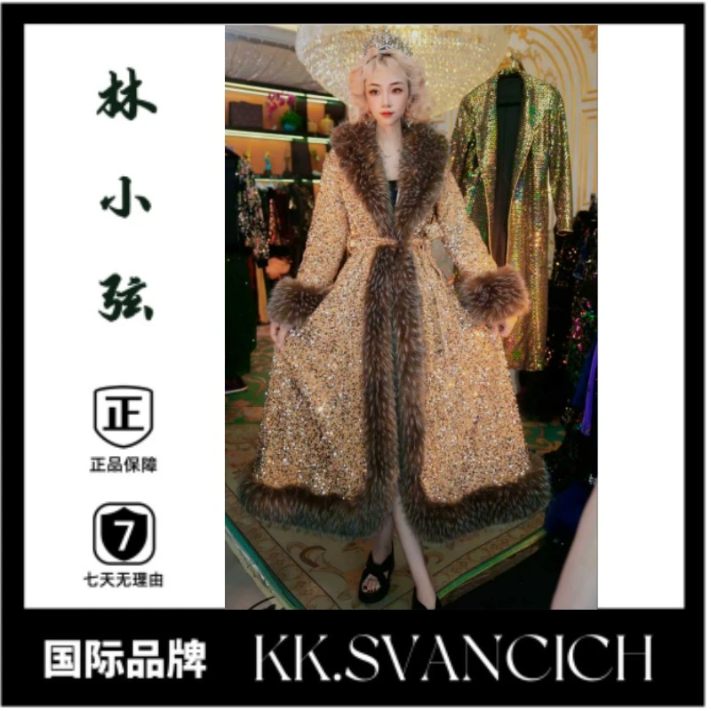 【黛安娜】845爆款重工亮片外套加绒加厚宽松高档冬款皮毛一体金色