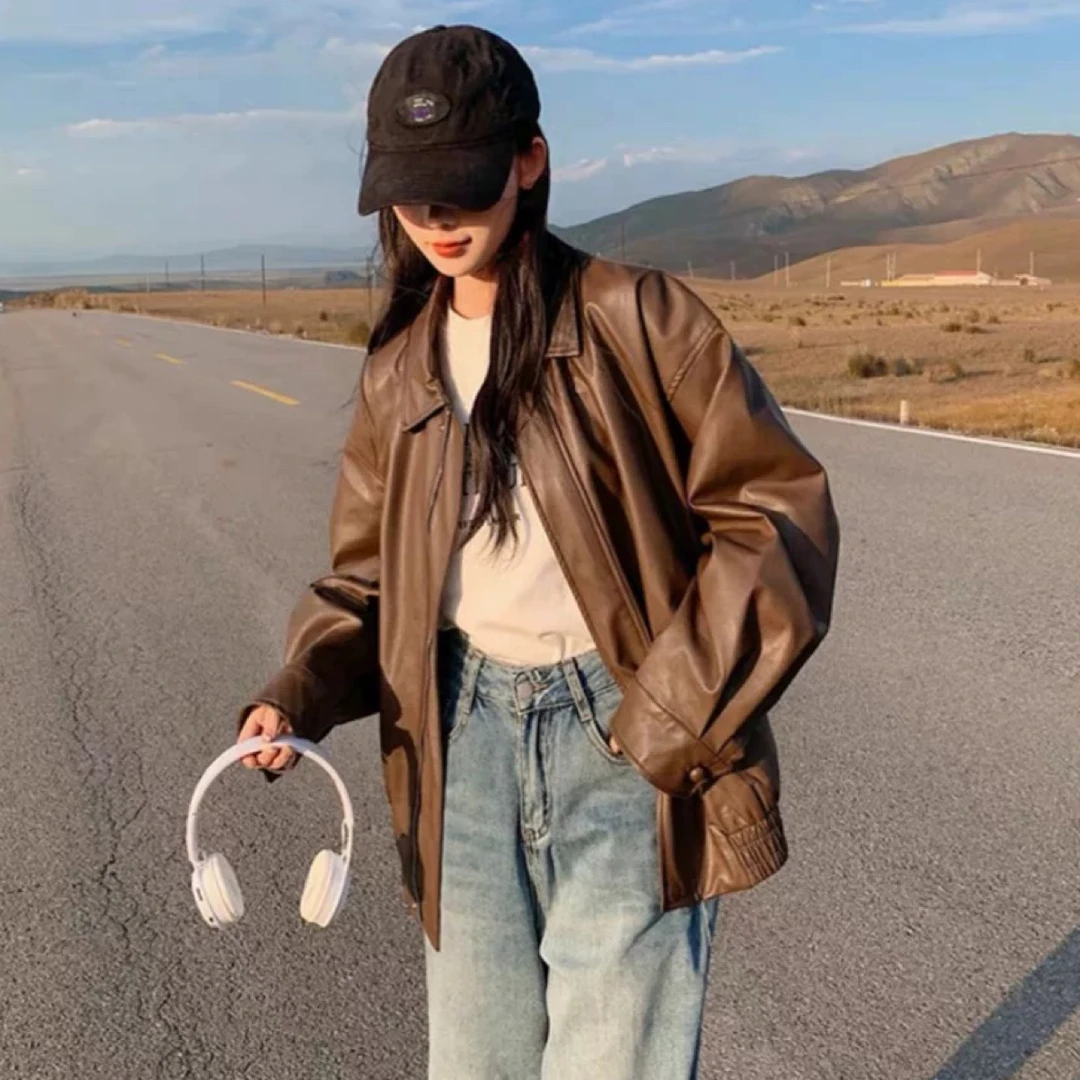 秋冬翻领美拉德色系皮衣宽松松弛感pu皮外套女