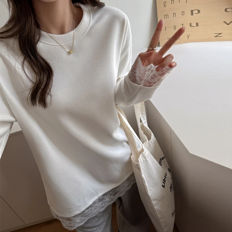【秋冬新品】蕾丝拼接纯欲内搭白色蕾丝花边T恤女韩版德绒磨毛打底