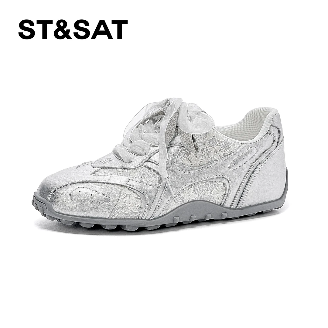 星期六真皮德训鞋女2025夏季新款时尚蕾丝百搭运动鞋休闲阿甘女鞋