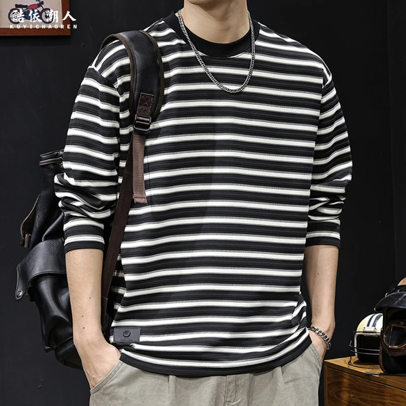 2025新款黑白条纹长袖t恤男士春秋美式潮牌重磅宽松大码休闲秋季