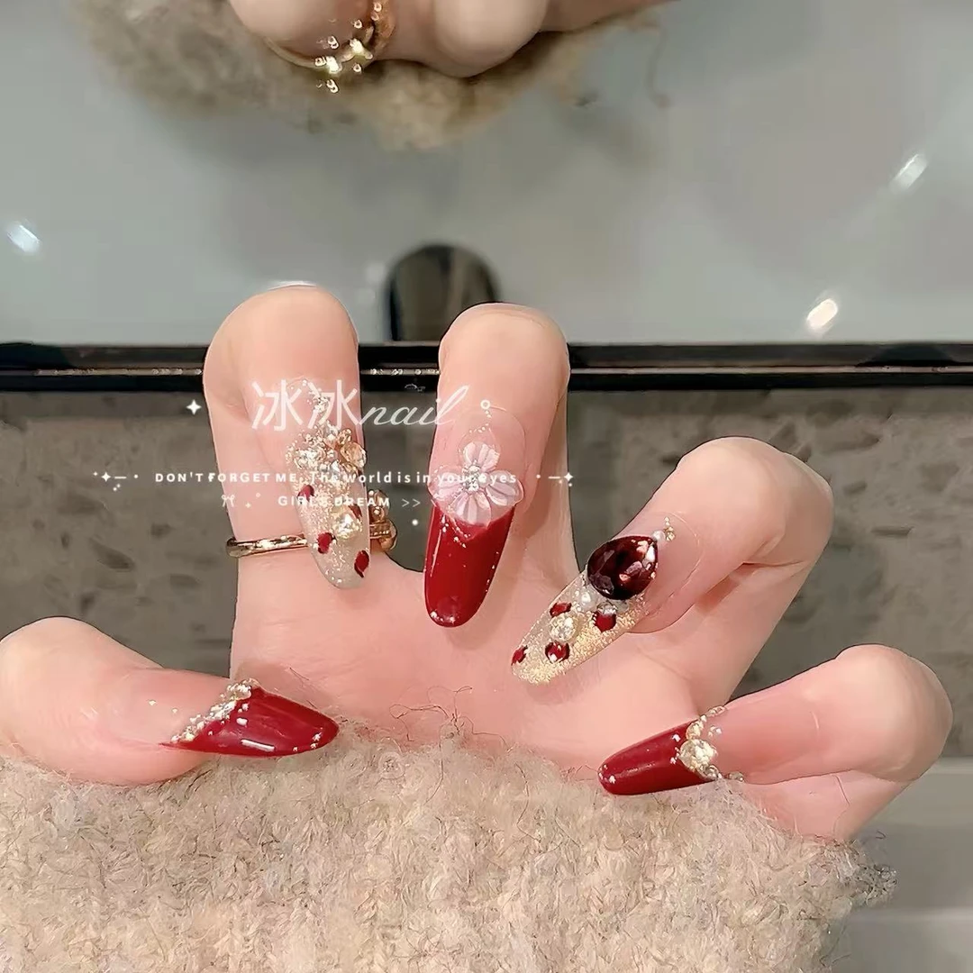 【红酒杯】法式满钻豹纹立体花朵高级显白可拆卸穿戴甲片10片装