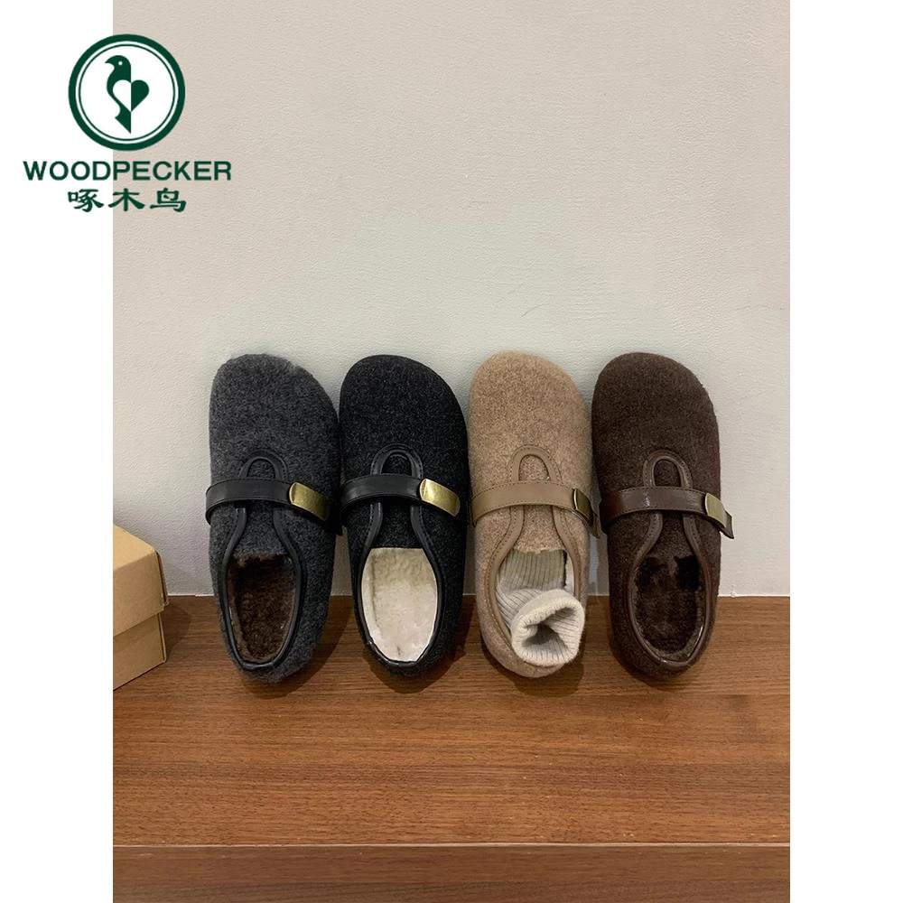 啄木鸟厚底毛呢加绒勃肯鞋女2025秋冬新款灰色保暖棉鞋平底毛毛鞋