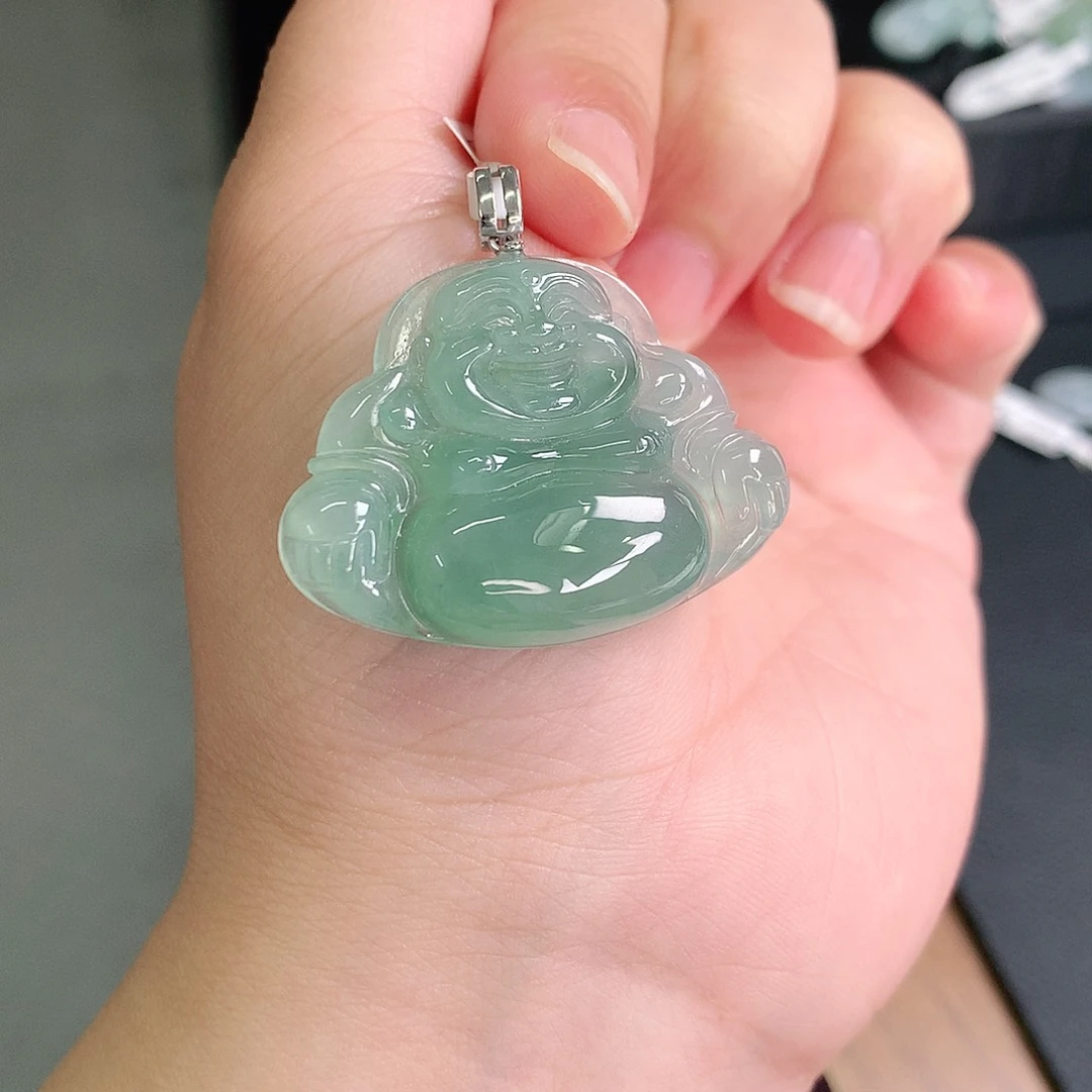 翡翠18K金镶嵌颈饰冰绿佛公28-37-6.6如