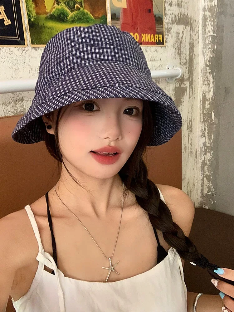 【森林推荐】miu系甜美藏蓝格子大帽檐渔夫帽女夏遮脸显脸小盆帽