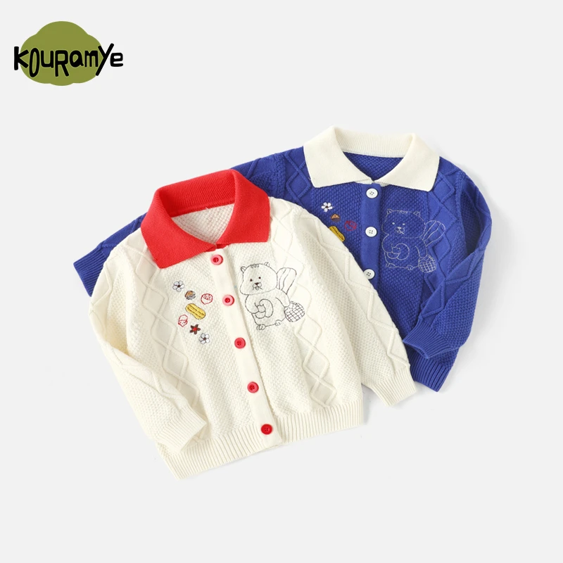 酷娃米春秋新款中小男女童时尚百搭卡通小熊翻领儿童针织衣4416