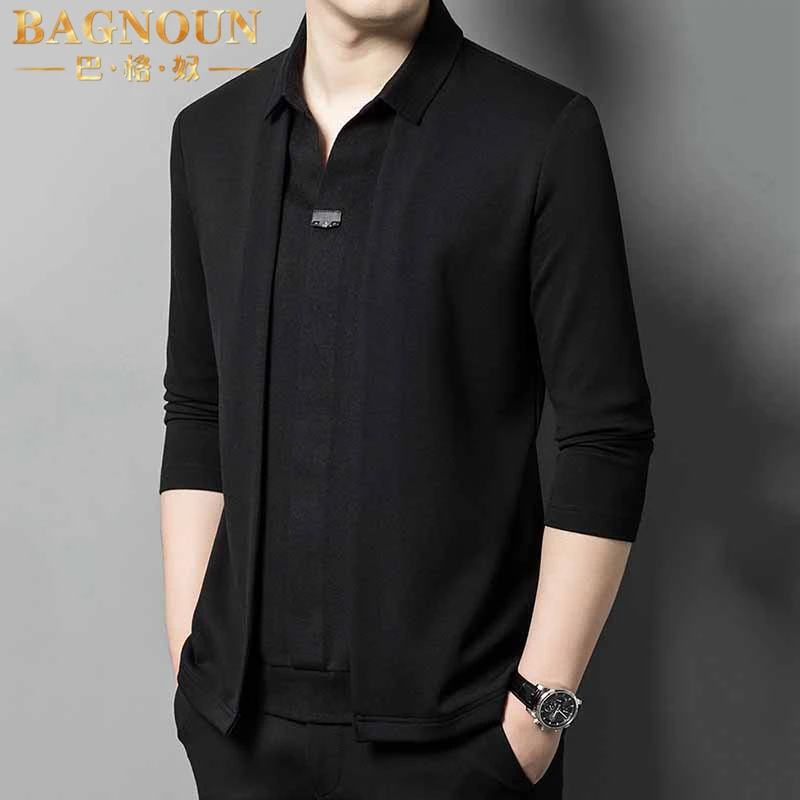 巴格奴长袖T恤男士春秋季新款时尚高端假两件翻领商务休闲潮n上衣