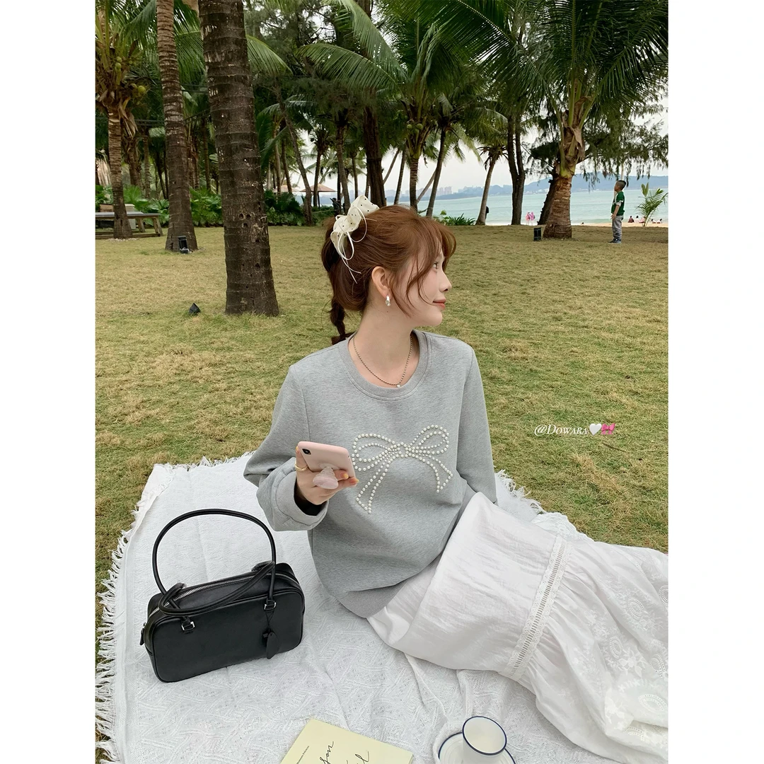 现货大婉酱微胖定制韩系蝴蝶结圆领卫衣女2025新款百搭上衣 7567D