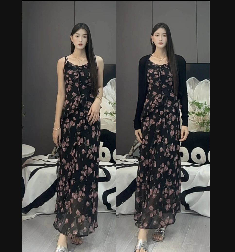 大妍定制~【玫瑰物语】海边漫步度假吊带长裙洋气显瘦碎花连衣裙