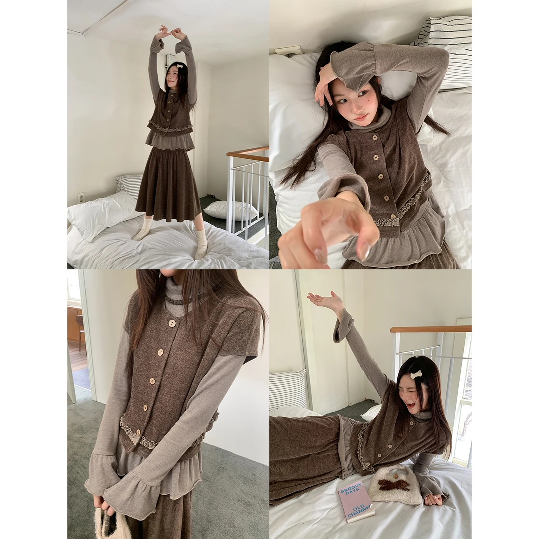 你好卡农 半高领长袖打底衫小众设计短袖开衫套装上衣KU25Z8723D