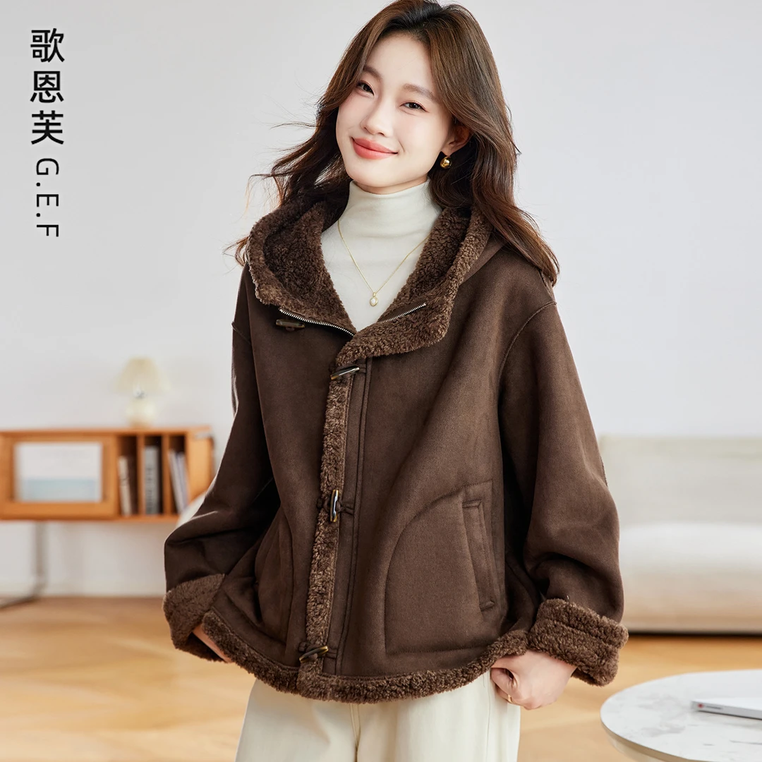 连帽棉服女2025年冬季新款皮毛一体短款时尚百搭加绒加厚保暖外套