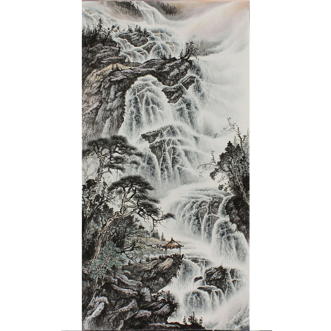 蒋文杰纯手绘国画山水画四尺财源广进瀑布图未装裱中式装饰画