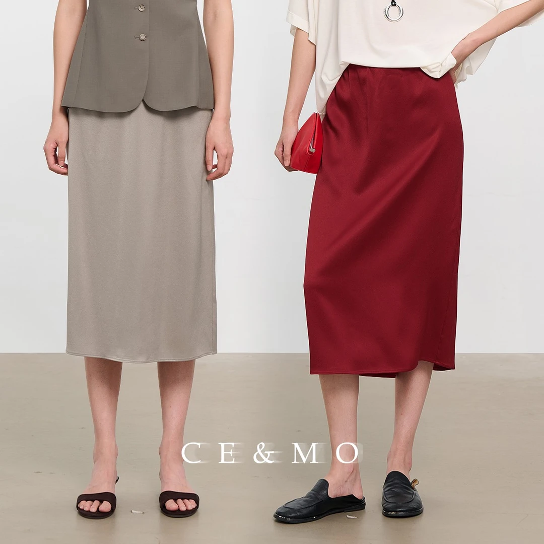 CEMO真丝质感醋酸缎 松紧腰后开衩过膝显瘦半身裙女CM33625233
