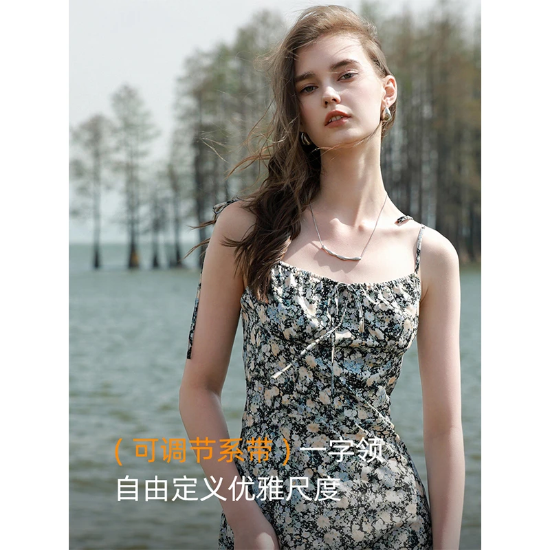 三彩2025夏季新款碎花吊带裙法式斜裁A字裙收腰连衣裙长裙浪漫女M