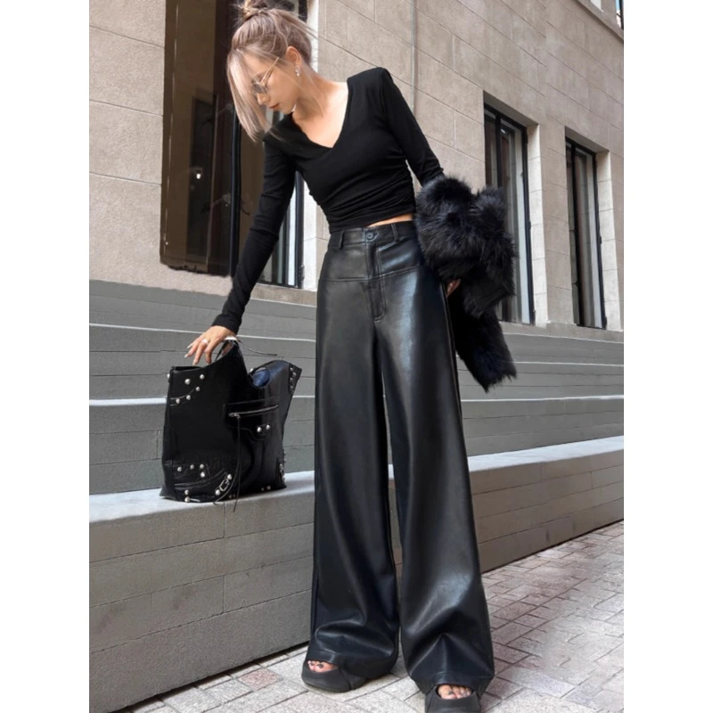 黑色pu皮裤女2025新款早秋垂感显瘦阔腿裤宽松松弛感直筒拖地裤