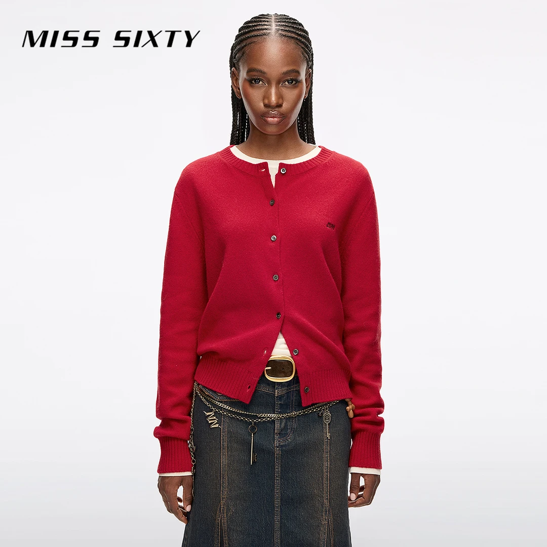 Miss Sixty2025冬季新款针织外套女圆领徽标刺绣单排扣气质羊毛衫