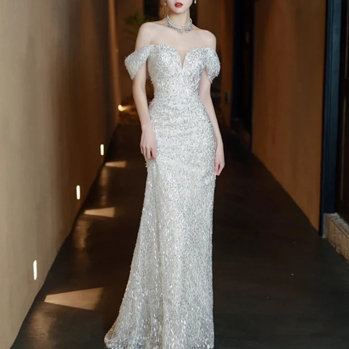 法式鱼尾轻婚纱2025新款新娘小个子一字肩大码简约亮片出门礼服女