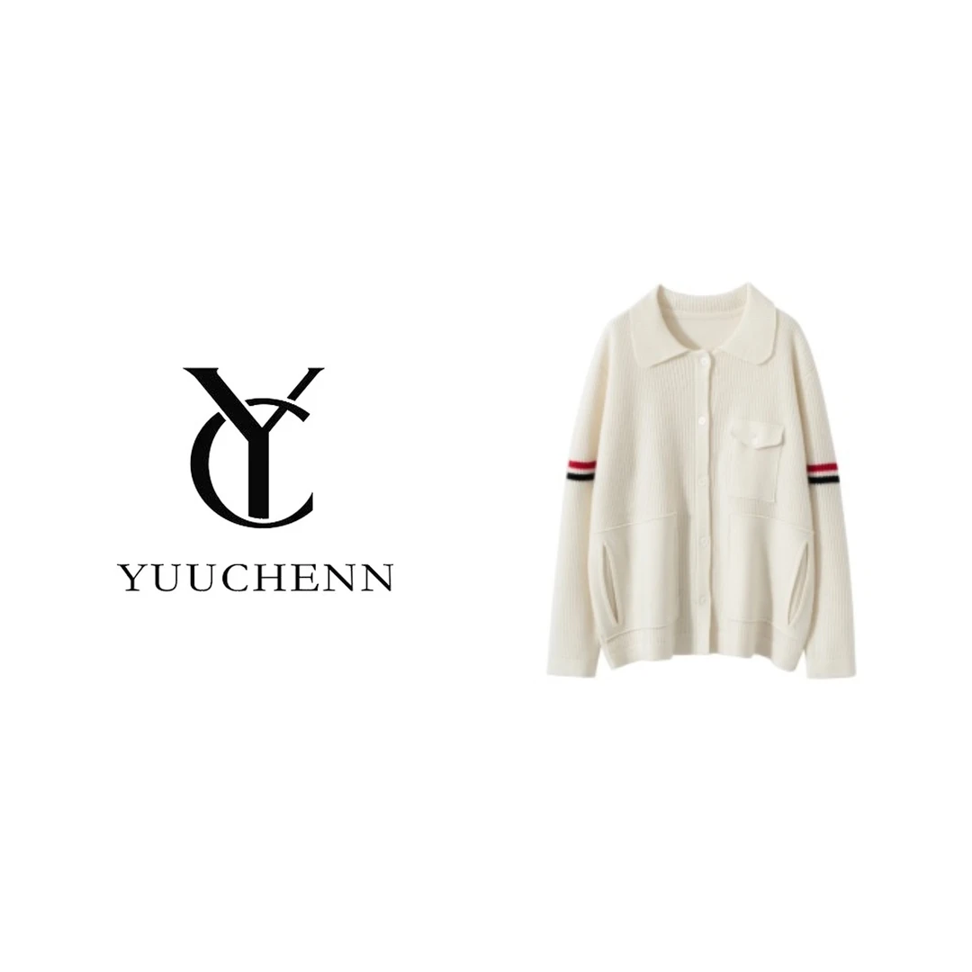 【YUUCHENN】元宝针拼色彩条男女同款羊绒翻领外套688