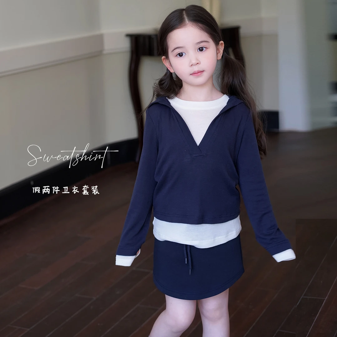 AnnieGirl秋季新款莱赛尔天丝女童假两件连帽卫衣帽衫套装2025秋