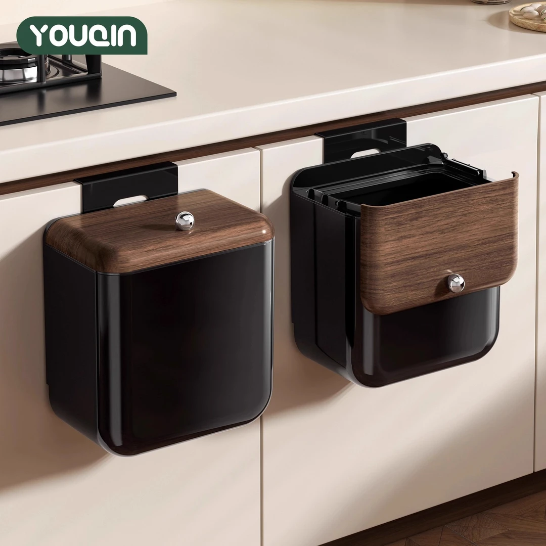 优勤高颜值木纹厨房垃圾桶挂式家用2025新款带盖专用壁挂式免