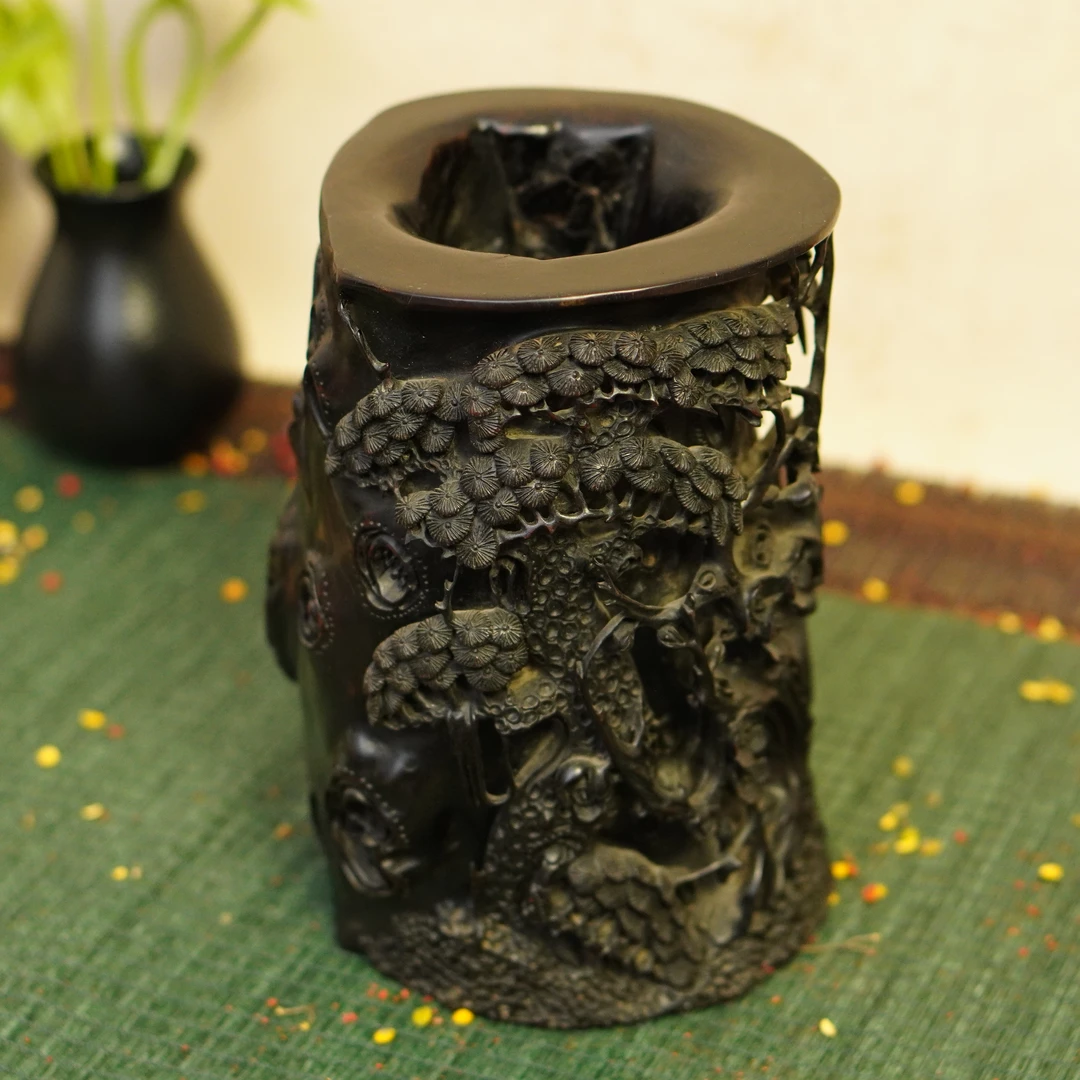 清代 【槐荫山房】/HY2788/清晚期紫檀镂空雕松竹梅仿树瘤笔筒