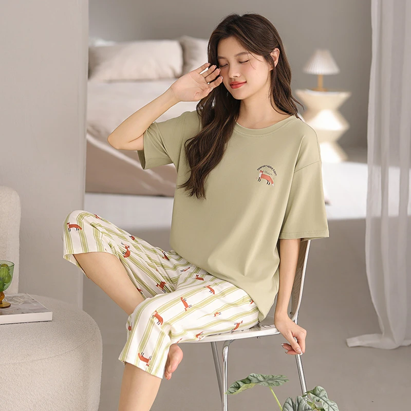 睡衣女夏季纯棉2025新款短袖七分裤家居服套装薄款圆领舒适