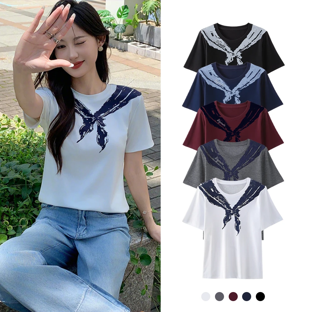 飞袖蝴蝶领圆领短袖T恤女设计感休闲夏季正肩显瘦修身T恤E0880